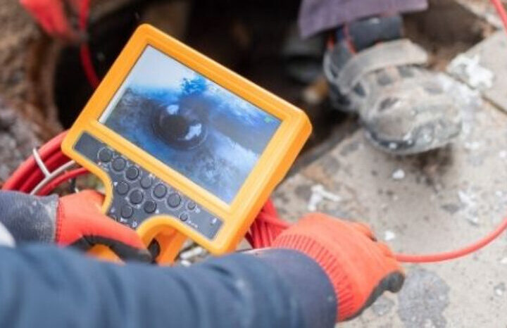 technician is using a camera to inspect the inside of a sewer pipe